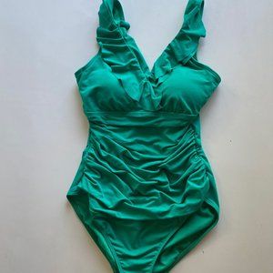 Ralph Lauren Green One-Piece Swimsuit Ruffle Neckline Size 4
